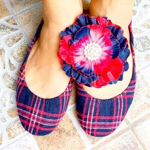 Tieks Heritage Plaid Red Blue Tartan Ballet Flats Flower Statement Size 8